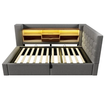Upholstered Single Bed with Interchangeable L‑shaped Headboard, 203L x 108W x 86H cm, Grey