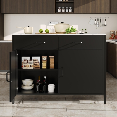 Standing Bar Table with Marble-Effect MDF Top and Solid Iron Legs, 100L x 90W x 90H cm, Black
