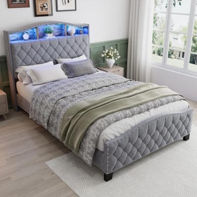 Upholstered 4ft6 Double Bed with Built-in Bedside Storage, 210L x 140.5W x 124H cm, Grey