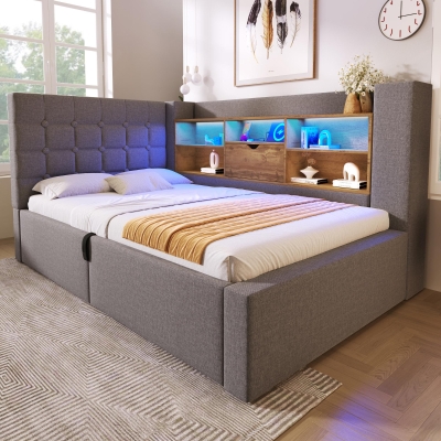 Upholstered Single Bed with Interchangeable L‑shaped Headboard, 203L x 108W x 86H cm, Grey