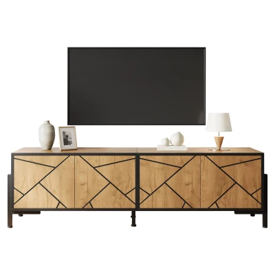 Geometric Wood TV Stand with Bold Geometric Doors, 153L x 40W x 50H cm, Rustic Brown