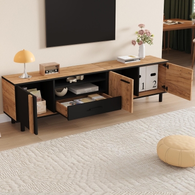 Modern 180cm TV Stand with Ample Concealed Storage, 180L x 32.5W x 50H cm, Black+Wood