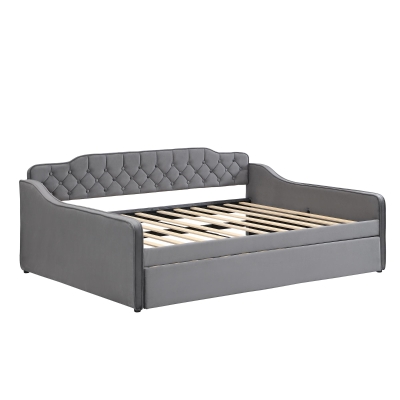 Space-Saving Upholstered 4ft6 Double Daybed with Pull-Out Trundle, 202L x 139.5W x 81.5H cm, Grey