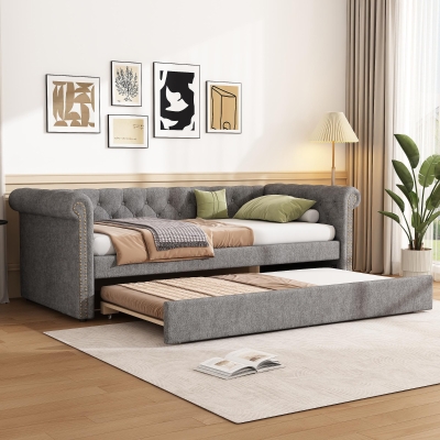 Upholstered Single Daybed Sofa Bed with Sturdy Slatted Base, 221L x 98.5W x 71.5H cm, Grey