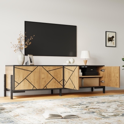 Geometric Wood TV Stand with Bold Geometric Doors, 153L x 40W x 50H cm, Rustic Brown