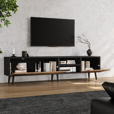 Modern Geometric TV Cabinet with Herringbone Fronts, 180L x 33.5W x 45H cm, Black+Oak