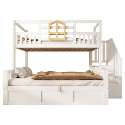 Twin Over Full Bunk Bed with Solid Pine and MDF Construction, 243L x 144W x 172H cm, White