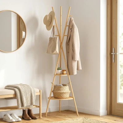 HOMCOM Perchero de Pie de Bambú Perchero para Ropa con 2 Estantes y 9 Ganchos Diseño Elegante 58,5x58,5x176 cm Natural