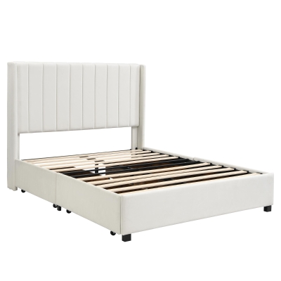 Upholstered Double Bed with Soft Padded Headboard, 200L x 142W x 118.5H cm, Beige