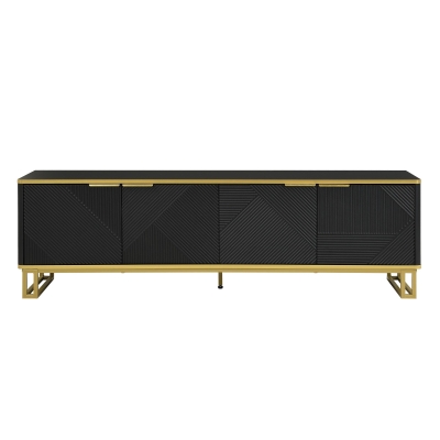 Modern TV Cabinet with 4 Geometric Embossed Doors and Open Top Shelf, 160L x 37.5W x 48H cm, Black