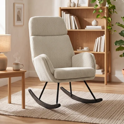 HOMCOM Fauteuil à Bascule Velours Beige Dossier Haut Bois