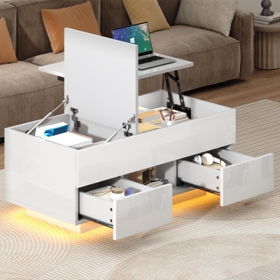 Lift-Top Coffee Table with App-Controlled RGB LED Lights, 100L x 45W x 43H cm, White