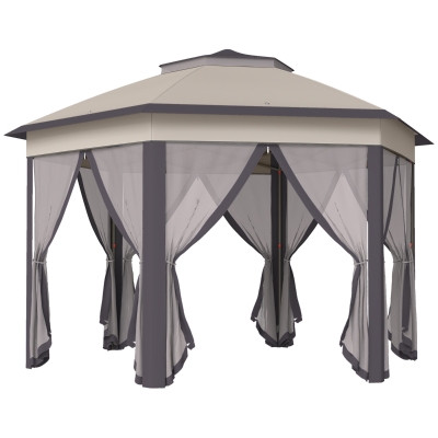 Outsunny Carpa Plegable 4x3,4 m con Doble Techo 6 Mosquiteras Extraíbles y Bolsa de Transporte Anti-UV Marrón y Beige