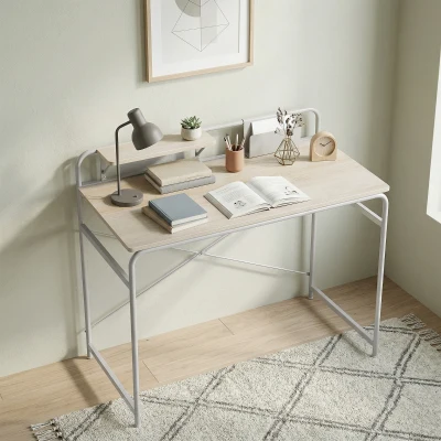 HOMCOM Mesa de Escritorio Moderno con Estante y Estructura de Metal Fácil Montaje 98x48x88,5 cm Roble