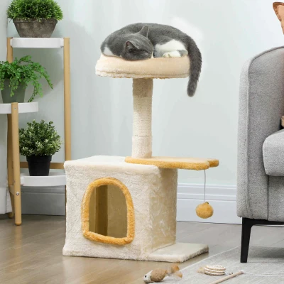 PawHut Tiragraffi per Gatti con Posatoio e Casetta Beige e Giallo