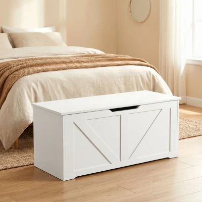 HOMCOM Banc Coffre Rangement 80x40x45cm Blanc Couvercle Sécurité