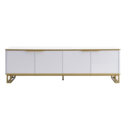Modern TV Cabinet with 4 Geometric Embossed Doors and Open Top Shelf, 160L x 37.5W x 48H cm, White