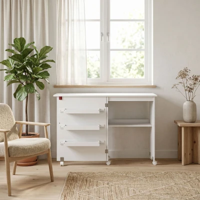 HOMCOM Table Couture Pliante avec Rangement et Roulettes Blanche