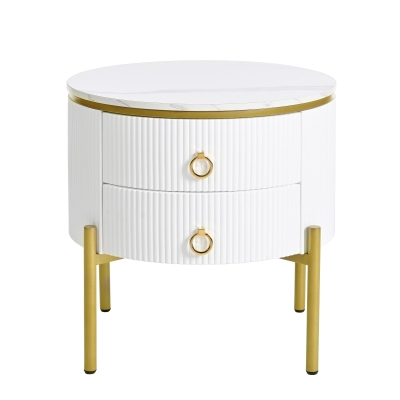 Modern Side Table with Marble-Effect Top and 2 Drawers, 50L x 50W x 51H cm, White