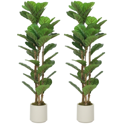 HOMCOM Conjunto de 2 Plantas Artificiais 120 cm Figueira-lira com Vaso em Plástico e Tronco em Madeira Maciça Verde