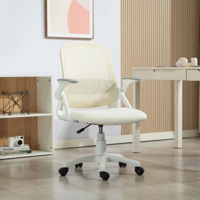 HOMCOM Atmungsaktiver Mesh-Bürostuhl, Ergonomischer Drehstuhl mit klappbaren Armlehnen und Lendenwirbelstütze, Weiß