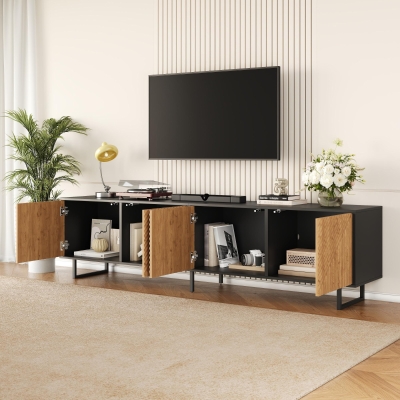 Modern 180cm TV Stand with Diagonal Fluted Doors, 180L x 40W x 50H cm, Black+Wood