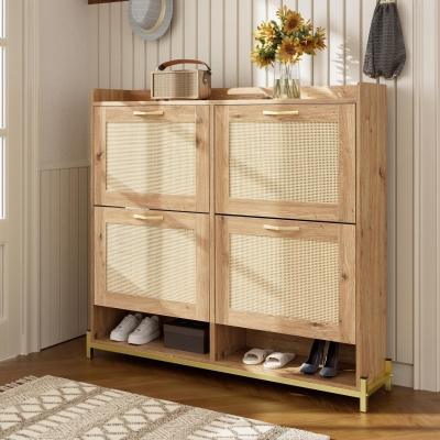 Modern Shoe Cabinet with Space-Saving 4-Door Design, 108.5L x 24W x 100H cm, Natural