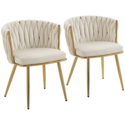 HOMCOM 2er-Set Esszimmerstühle, gepolsterte Küchenstühle aus Velours mit geflochtener Rückenlehne und Armlehnen, Creme