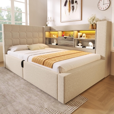 Upholstered Daybed with Hydraulic Under-Bed Storage, 203L x 108W x 86H cm, Beige