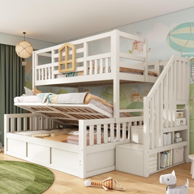 Twin Over Full Bunk Bed with Solid Pine and MDF Construction, 243L x 144W x 172H cm, White