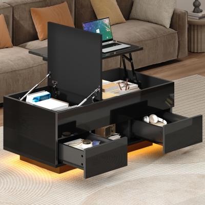 Lift-Top Coffee Table with App-Controlled RGB LED Lights, 100L x 45W x 43H cm, Black