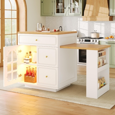 Extendable Kitchen Island with LED Colour Lighting, 195.5L x 70W x 93.5H cm, White