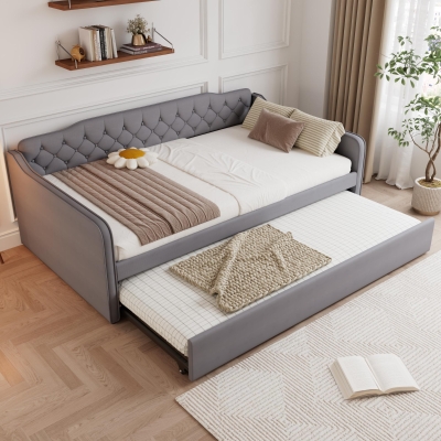 Space-Saving Upholstered 4ft6 Double Daybed with Pull-Out Trundle, 202L x 139.5W x 81.5H cm, Grey
