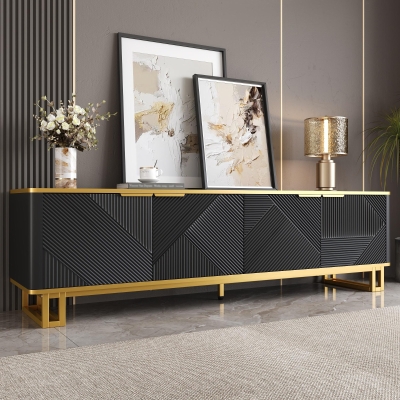 Modern TV Cabinet with 4 Geometric Embossed Doors and Open Top Shelf, 160L x 37.5W x 48H cm, Black