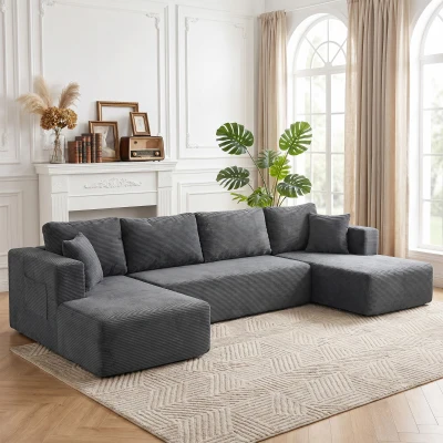 HOMCOM Modulares U-Sofa 4-Sitzer, 2 Ottomane, 2-Sitzer-Sofa, 6 Kissen, Ohne Montage, 369 x 152 x 78 cm, Grau