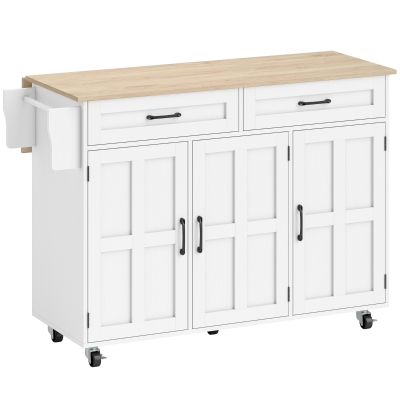 HOMCOM Isla de Cocina con Encimera Extensible Ruedas 2 Cajones 3 Armarios Estantes en la Puerta Toallero Blanco