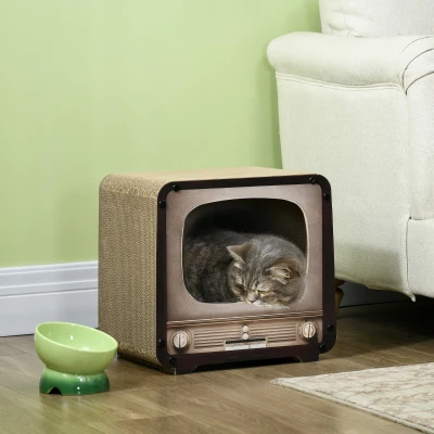 PawHut Arranhador para Gato 2 em 1 em Forma de Televisor, Casinha e Tapete de Arranhar em Cartão Ondulado, 39x29x37cm, Castanho