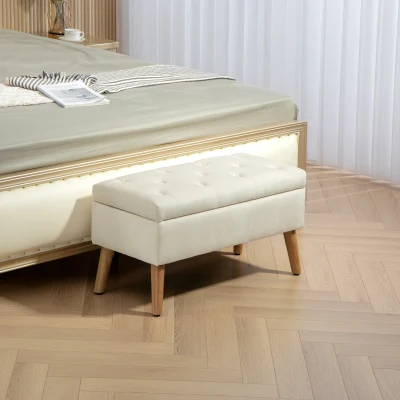 HOMCOM Banc Coffre Velours Pieds Bois 80x35x40cm Crème