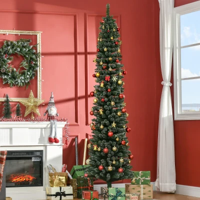 HOMCOM verschneiter Slim-Weihnachtsbaum mit 624 Zweigen, abnehmbare und klappbare Basis, Ø56x225cm, Grün