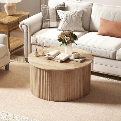 HOMCOM Höhenverstellbarer Couchtisch, Wohnzimmertisch mit verstecktem Fach und Soft-Close Klappplatte, Naturholz