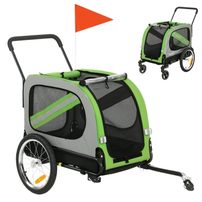 PawHut 2-in-1 Fahrradanhänger für Hunde Faltbarer Haustierwagen mit Sicherheitsgurt und Reflektoren Grün
