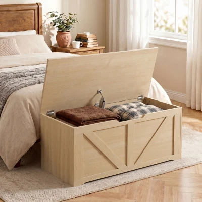 HOMCOM Storage chest, storage bench with flip-top lid and safety hinges, 80 x 40 x 45 cm, natural