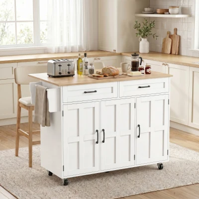 HOMCOM Isla de Cocina con Encimera Extensible Ruedas 2 Cajones 3 Armarios Estantes en la Puerta Toallero Blanco