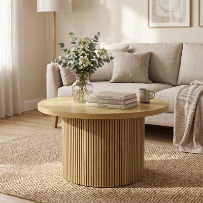 HOMCOM Runder Couchtisch aus Holz, Wohnzimmertisch mit geripptem Fuß, moderner Stil, Naturholz-Optik