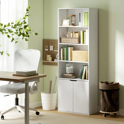 HOMCOM Estante para Livros com 4 Compartimentos Abertos e 1 Armário com 2 Prateleiras Armazenamento Livros Plantas para Sala de Estar Escritório 59x29x180cm Branco