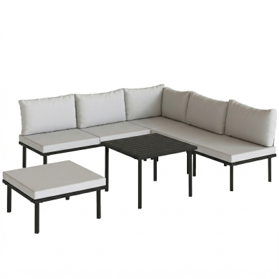 Outsunny Lounge Tuinmeubelset 5-6 Personen Tuinlounge Set met 2-zits Tuinbank, 2 Stoelen, Hoekstoel, Lamellen-tafel, Voetenbank