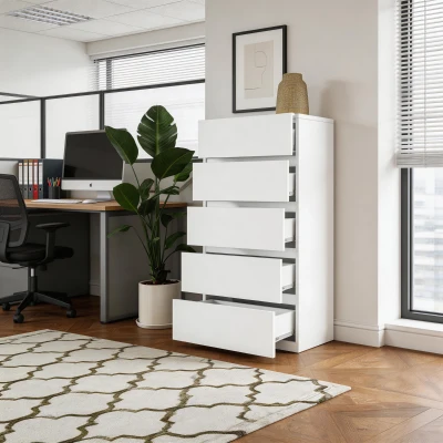 HOMCOM Cómoda com 5 Gavetas de Madeira Cómoda de Dormitório Cómoda Branca Estilo Moderno 55x33x80 cm Branco Brilhante