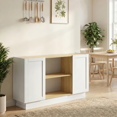 HOMCOM Buffet Bois Blanc 2 Portes 2 Étagères 133x35x79,7cm