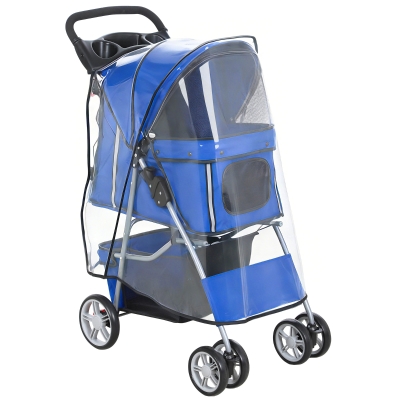 PawHut Passeggino Cani Pieghevole e Copertura Antipioggia Blu