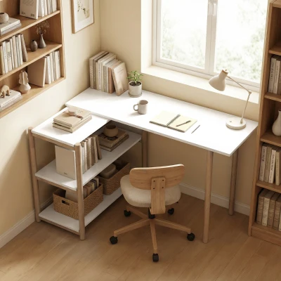 HOMCOM Escritorio Plegable de Ordenador Moderno con Estantes de Almacenamiento y Estructura de Bambú Blanco y Roble